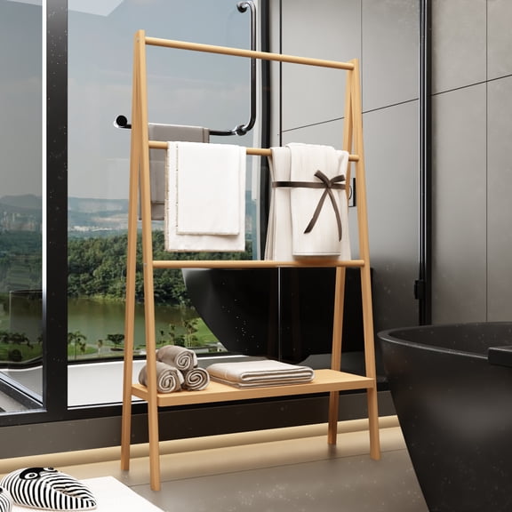 GDF Studio Bamboo Ladder Towel Rack with Storage Shelf, Freestanding Bathroom Towel Stand, Natural