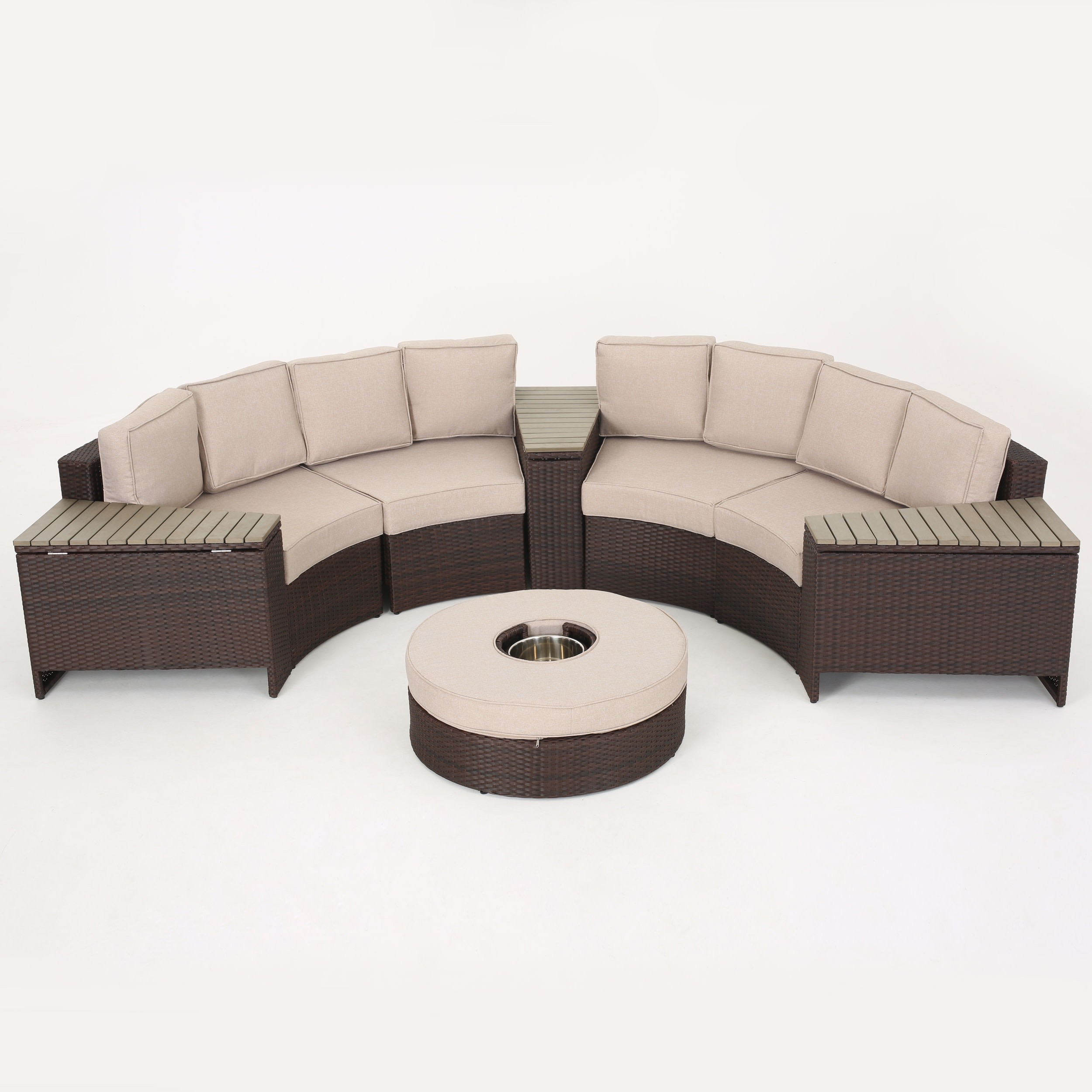 GDF Studio Bankston Outdoor Wicker Half Round 4 Seater Sectional Set with Ice Bucket Ottoman, Textured Beige and Brown - image 1 of 13