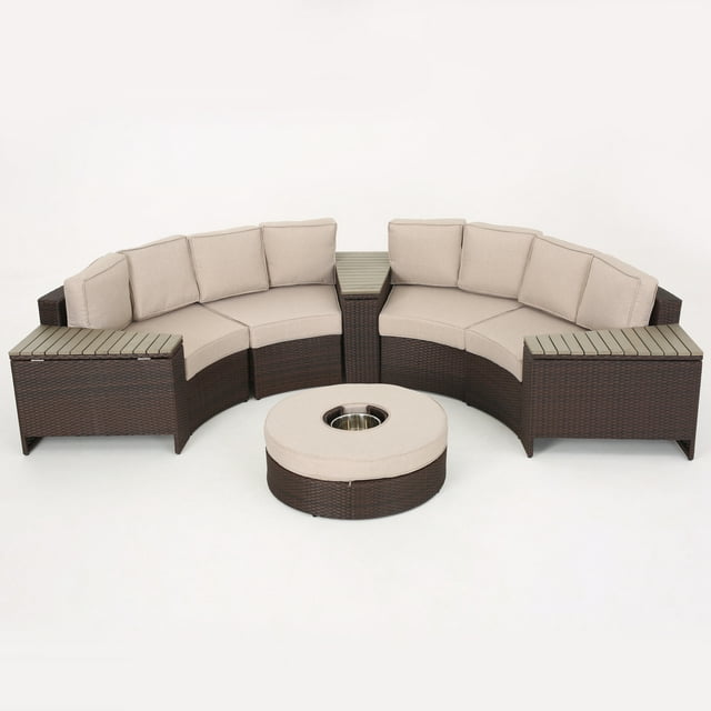 GDF Studio Bankston Outdoor Wicker Half Round 4 Seater Sectional Set with Ice Bucket Ottoman, Textured Beige and Brown