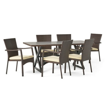 GDF Studio Barnwell Outdoor Wicker and Aluminum 7 Piece Dining Set with Cushion, Multibrown and Black
