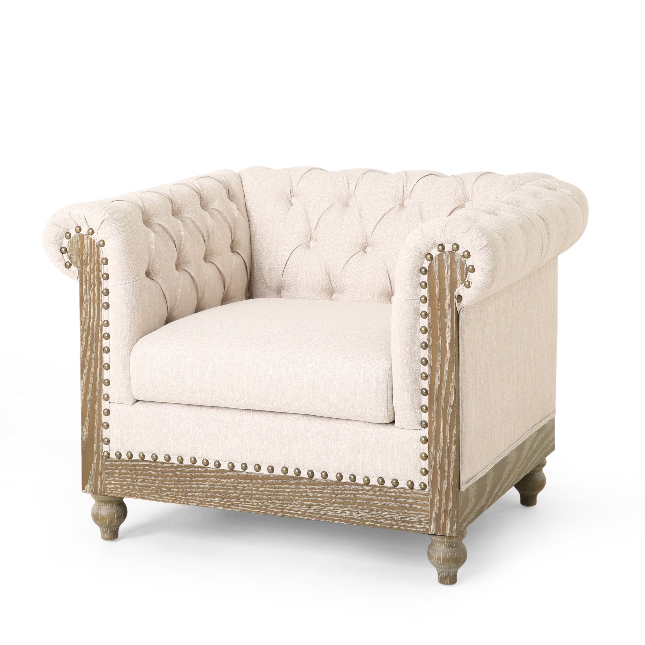 Beige Fabric and Birch Wood Chesterfield Club Chair with Nailhead Trim