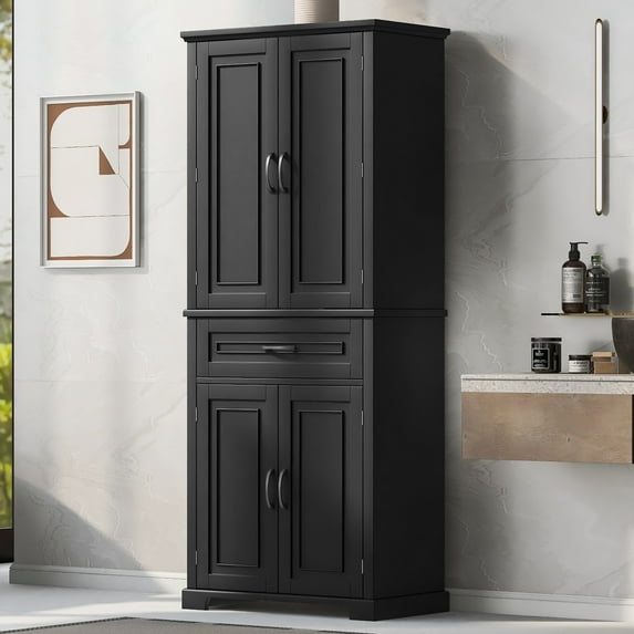 GDF Studio Bathroom Storage Cabinet with Doors and Drawer, Adjustable Shelf and Storage Rack, Black