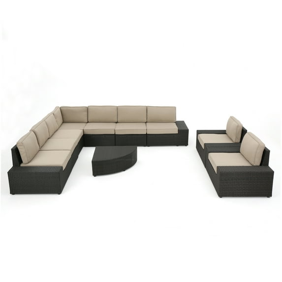 GDF Studio Beach Hill Outdoor 10 Piece Dark Brown Wicker Sectional, Beige