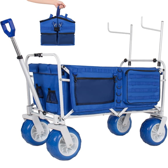 GDF Studio Beach Wagon Cart with Chair Racks and 9" All-Terrain Wheels, Heavy Duty Collapsible Folding Wagon, Blue