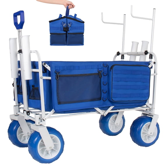 GDF Studio Beach Wagon Cart with Chair Racks and Rod Holders, Heavy Duty Collapsible, 9" All-Terrain Wheels, Blue