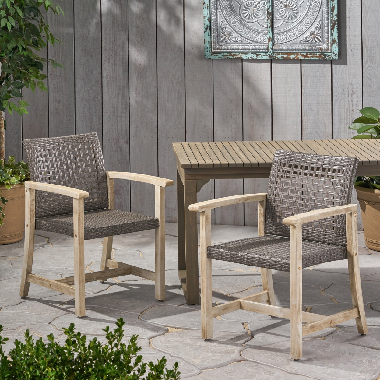 GDF Studio Beacher Outdoor Acacia Wood and Wicker Dining Chair (Set of 2), Light Gray Wash and Mix Black - image 1 of 11