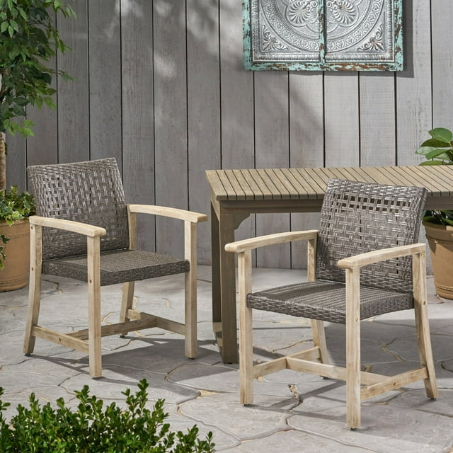 GDF Studio Beacher Outdoor Acacia Wood and Wicker Dining Chair (Set of 2), Light Gray Wash and Mix Black