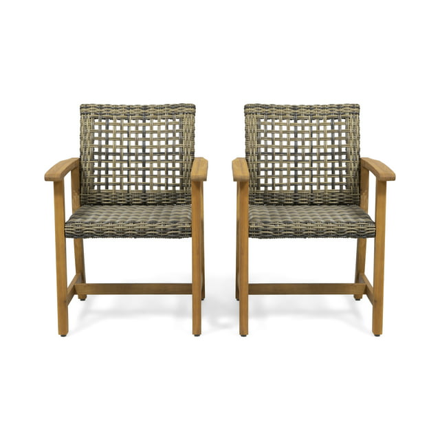 GDF Studio Beacher Outdoor Acacia Wood and Wicker Dining Chair (Set of 2), Natural and Gray