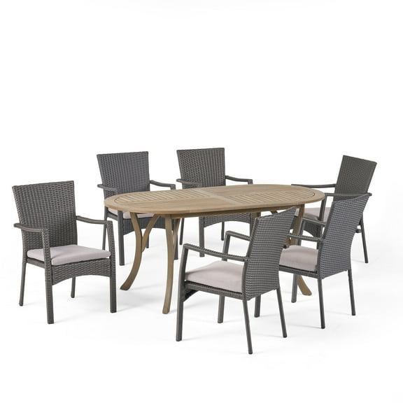 GDF Studio Beckmann Outdoor Acacia Wood and Wicker 7 Piece Dining Set with Cushions, Gray