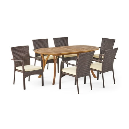 GDF Studio Beckmann Outdoor Acacia Wood and Wicker 7 Piece Dining Set with Cushions, Teak, Brown, and Cream