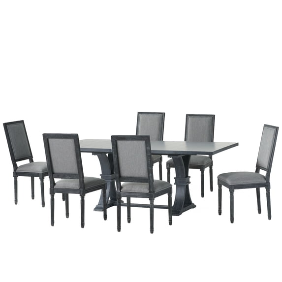 GDF Studio Beckstrom French Country Upholstered Wood 7 Piece Expandable Dining Set, Gray