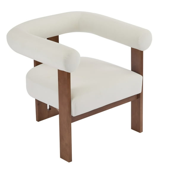 GDF Studio Beige Velvet Accent Armchair with Unique Three-Legged Base, Curved Backrest, and Walnut Birch Legs