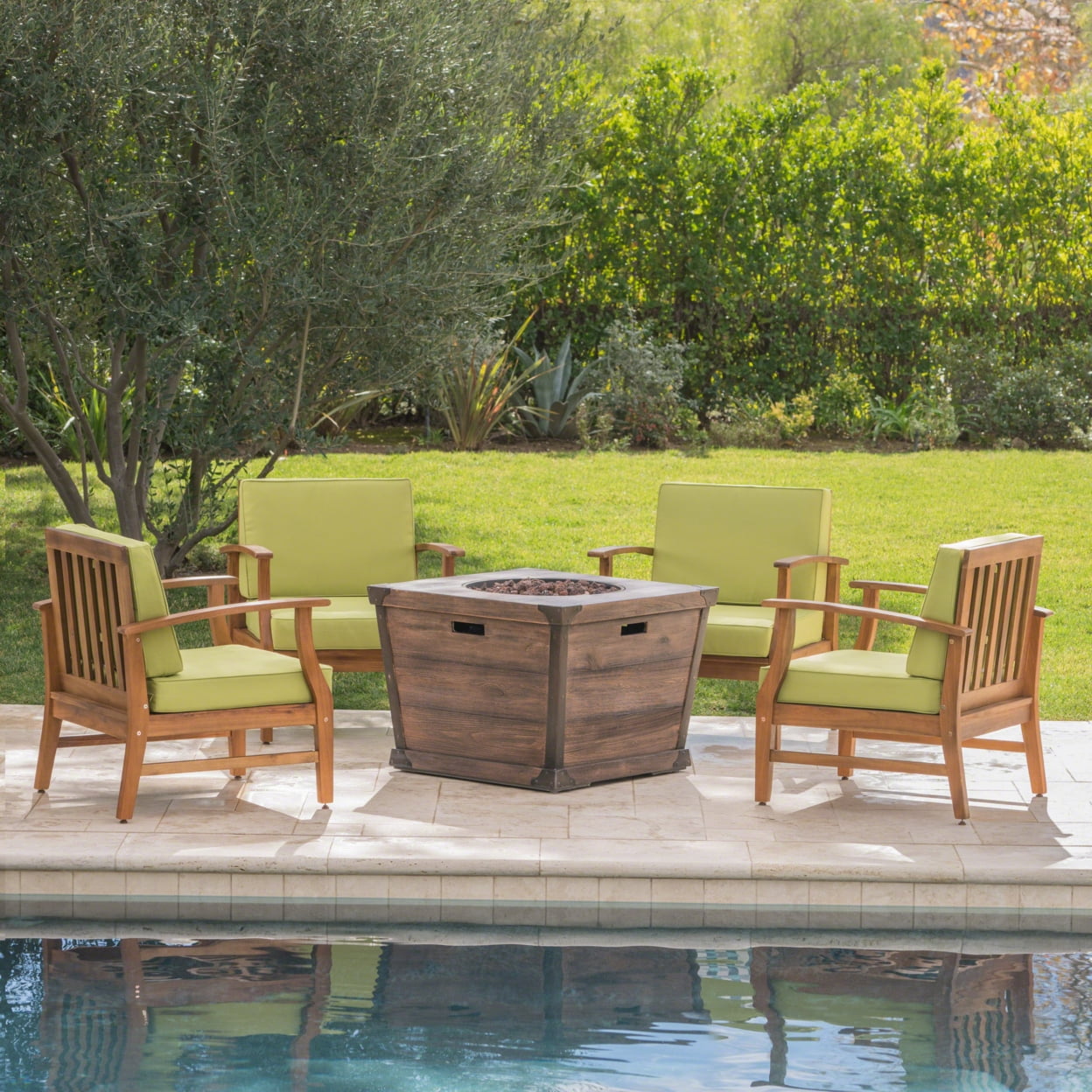 Belle Green Acacia Wood 4-Seat Fire Pit Chat Set