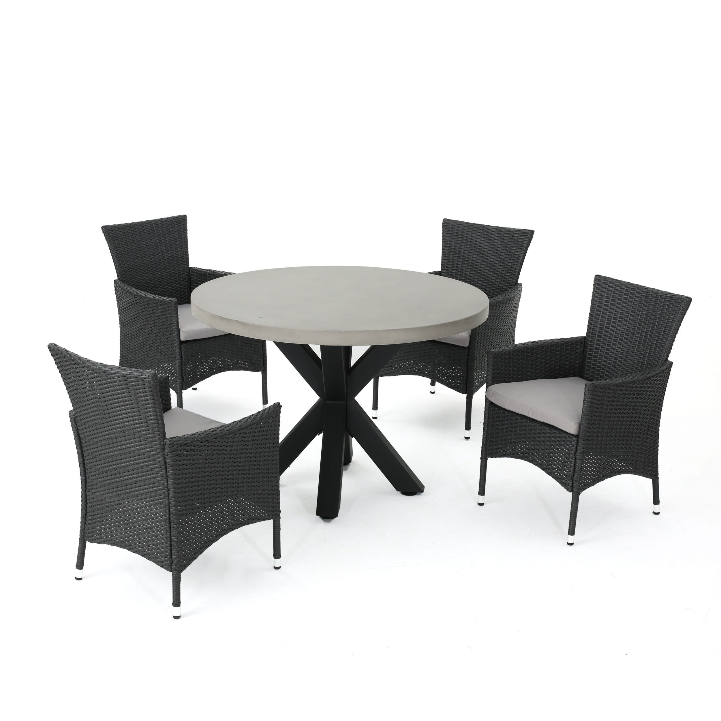 GDF Studio Bellmill Outdoor Wicker and Lightweight Concrete 5 Piece Dining Set with Cushion, Gray, Black, and Light Gray - image 1 of 13