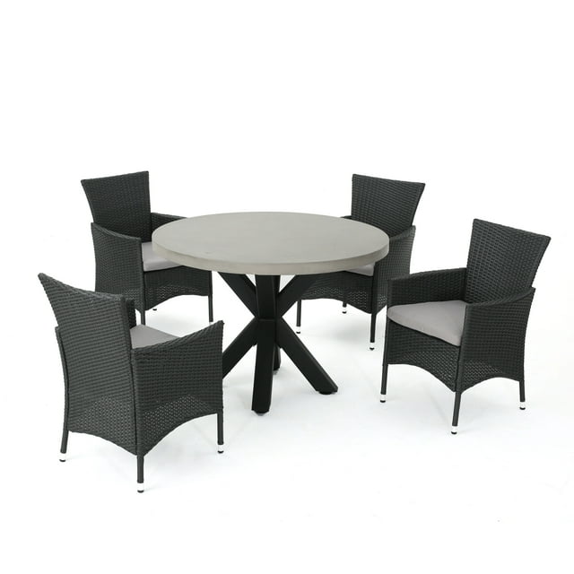 GDF Studio Bellmill Outdoor Wicker and Lightweight Concrete 5 Piece Dining Set with Cushion, Gray, Black, and Light Gray
