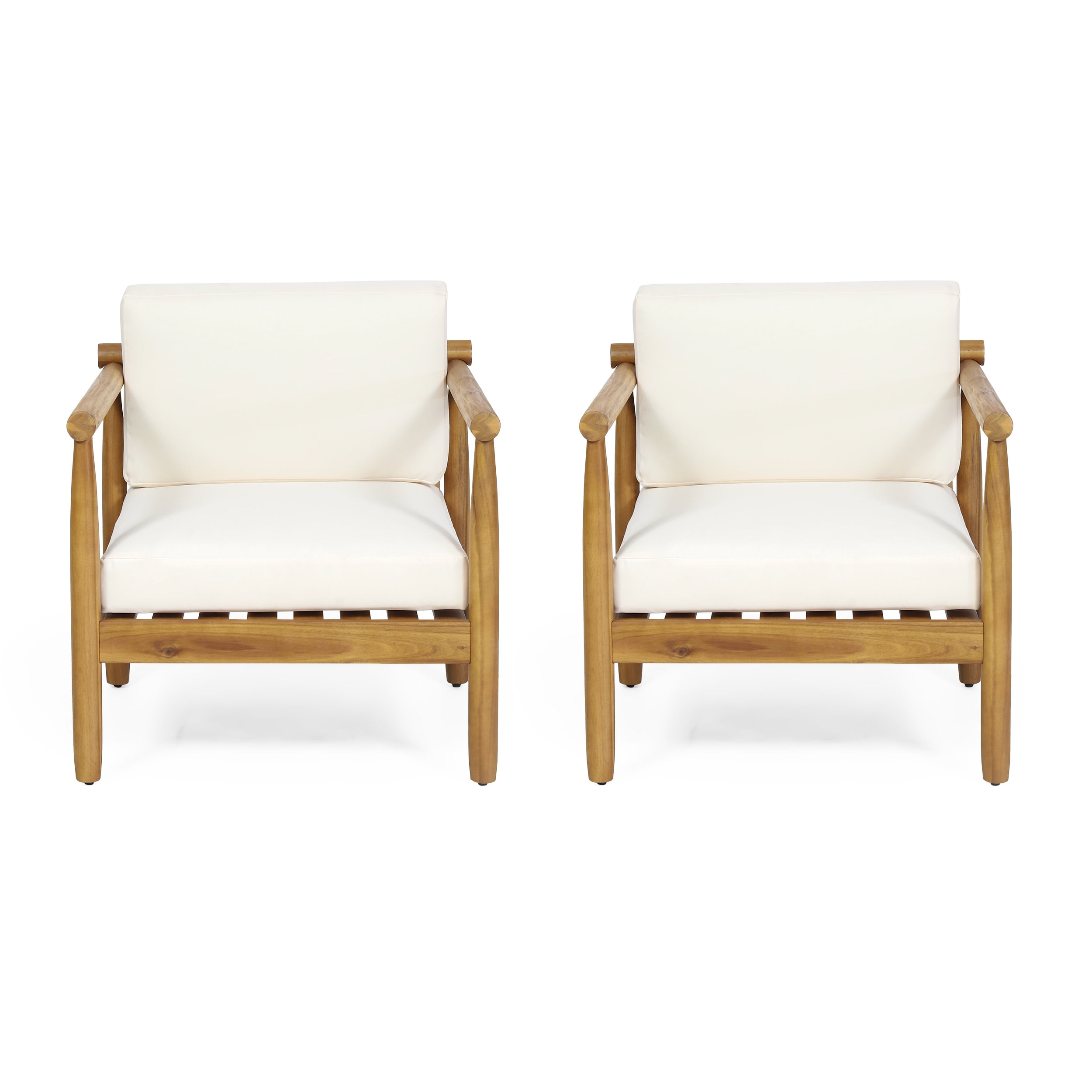 Teak and Cream Acacia Wood Outdoor Club Chairs with Cushions, Set of 2