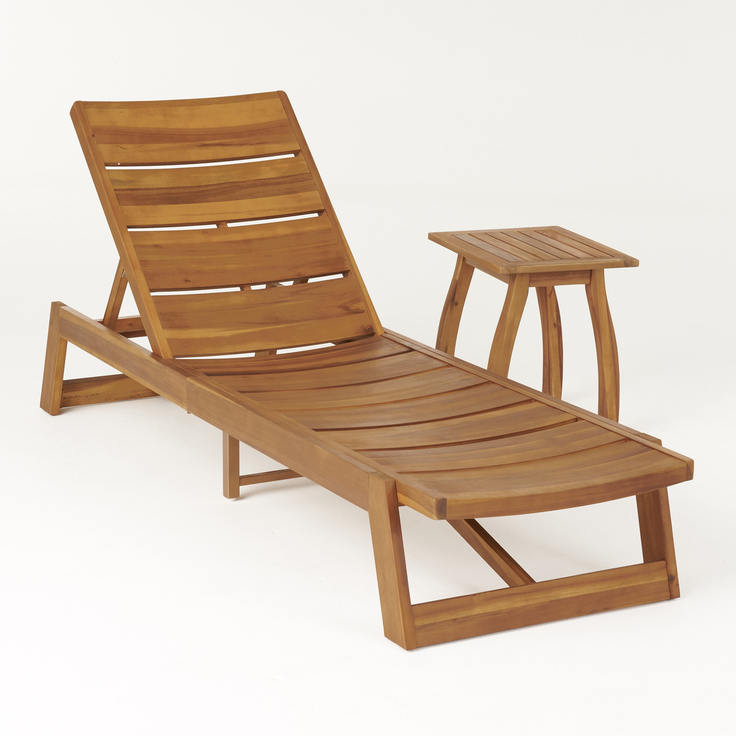 Teak Acacia Wood Armless Adjustable Chaise Lounge with Side Table