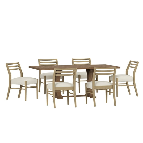 GDF Studio Berrett Farmhouse Fabric Upholstered Wood Expandable 7 Piece Dining Set, Natural Brown, Light Ash, and Light Beige Tweed