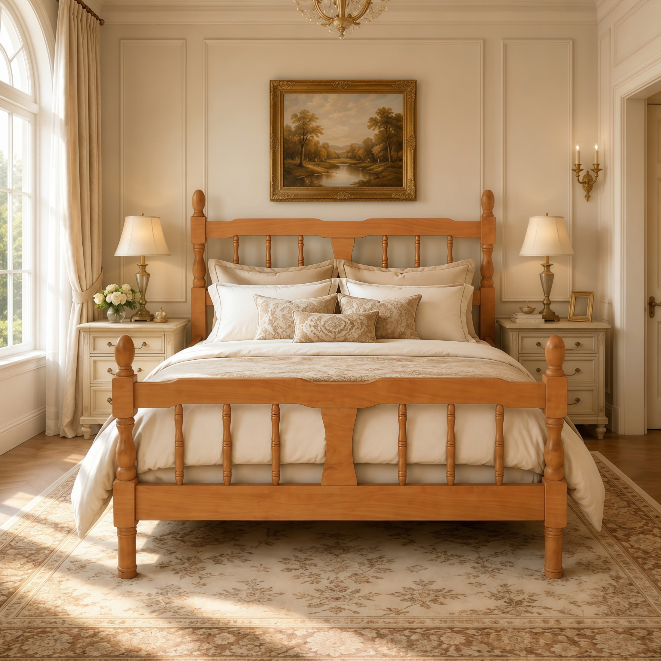GDF Studio Betty Full Size Wooden Platform Bed Frame with Spindle Headboard, Traditional Farmhouse Style, Walnut