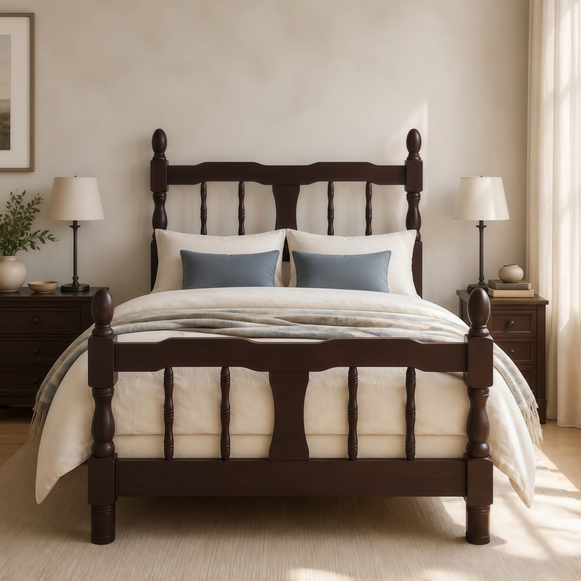 GDF Studio Betty Twin Size Wooden Platform Bed Frame with Spindle Headboard, Traditional Farmhouse Style, Dark Walnut