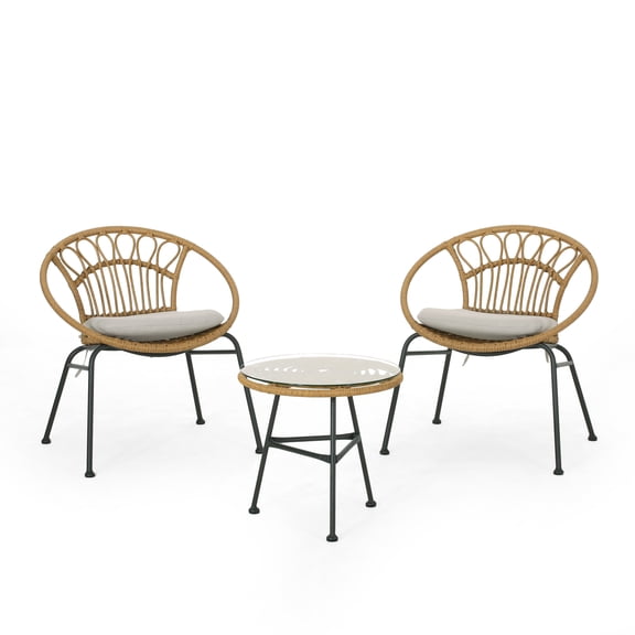GDF Studio Beulah Outdoor Wicker 3 Piece Chat Set, Light Brown, Beige, and Black