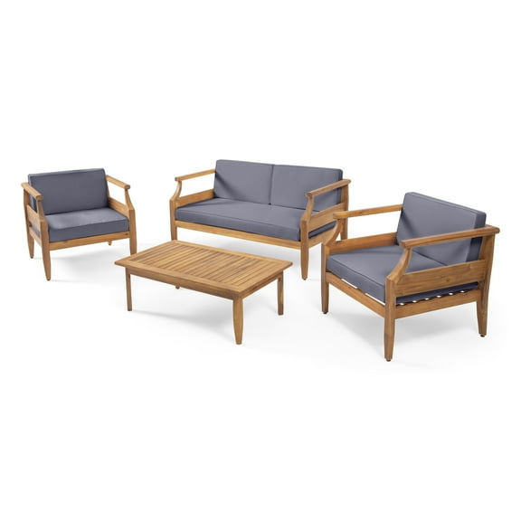 GDF Studio Bianca Outdoor Acacia Wood 4 Seater Chat Set with Cushions, Teak and Dark Gray