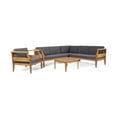 thumbnail image 1 of GDF Studio Bianca Outdoor Mid Century Modern Acacia Wood 5 Seater Sectional Chat Set with Club Chair, Teak and Dark Gray, 1 of 14