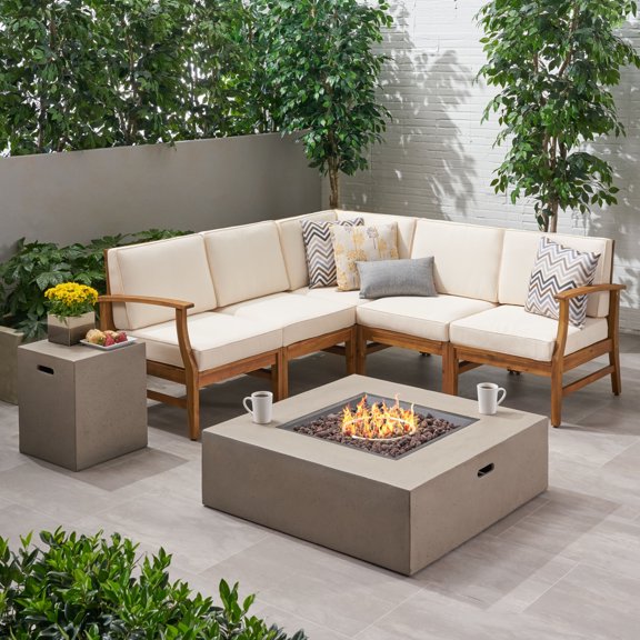 Janice Outdoor 6 Seater Acacia Wood Sofa Set with Square Fire Table and Tank