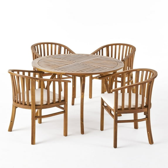 GDF Studio Bijan Outdoor Acacia Wood 5 Piece Dining Set with Cushion, Teak and Cream