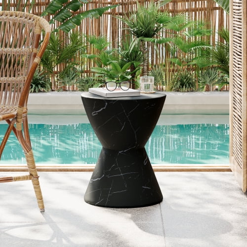 GDF Studio Black Marble Finish Hourglass-Shaped Outdoor Lightweight Concrete MgO Side Table