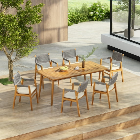 GDF Studio Boho 7-Piece Outdoor Dining Set with Acacia Wood Table and Rope-Back Chairs, Grey + Teak