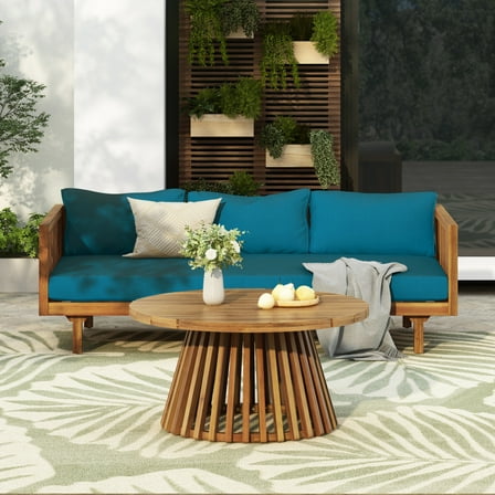 GDF Studio Boho Outdoor Patio Chat Set, 3 Seater Lounge Chair with Round Coffee Table, Solid Wood Frame, Light Teak+Dark Teal