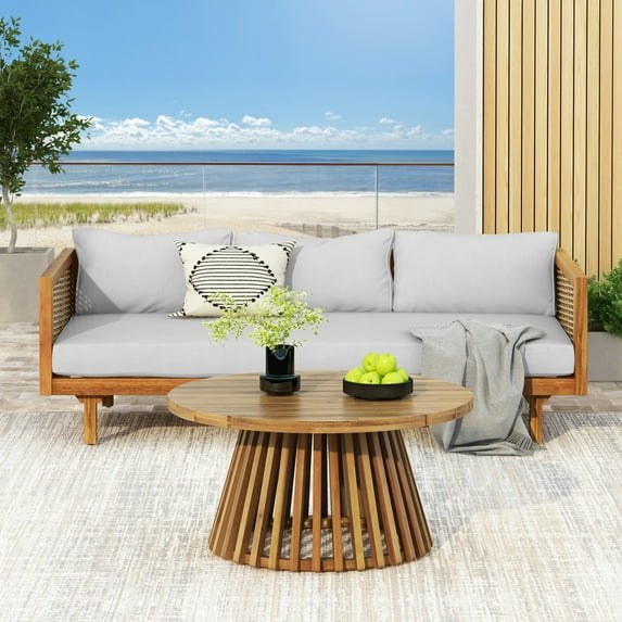 GDF Studio Boho Outdoor Patio Chat Set, 3 Seater Lounge Chair with Round Coffee Table, Solid Wood Frame, Ratten Armrests, Light Teak+Light Grey+Brown