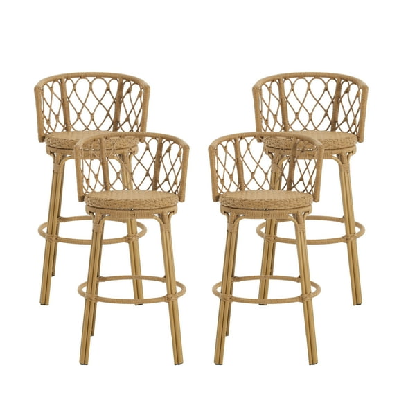 GDF Studio Boho Wicker Outdoor Bar Stools, Light Brown(Set of 4)