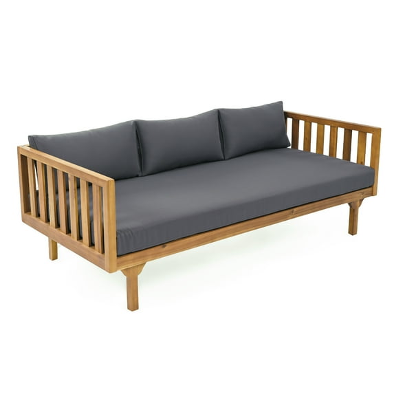GDF Studio Bordeaux Slat Panel Acacia Wood Outdoor 3-Seater Daybed with Grey Cushions