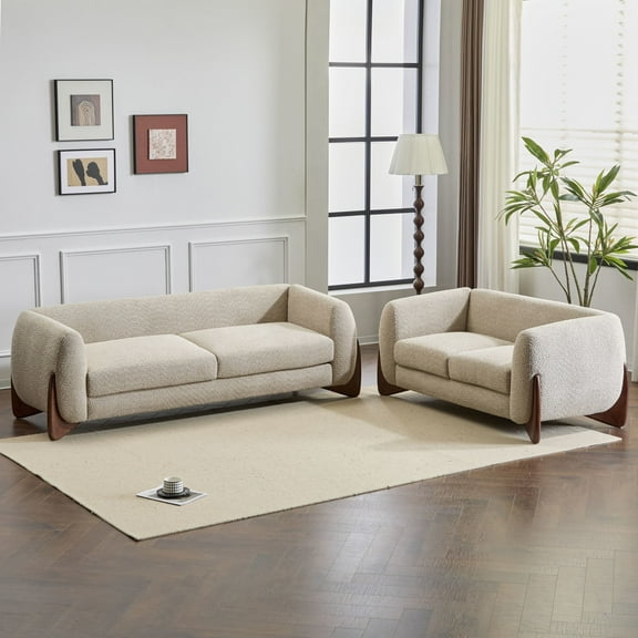 GDF Studio Boucle Sectional Sofa Set, Upholstered Couch with Loveseat for 5 People, Wood Legs, Almond