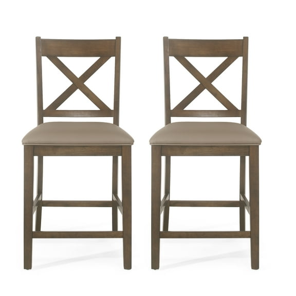 GDF Studio Bouman Farmhouse Faux Leather Wood 24.5 inch Counter Stools, Set of 2, Antique Brown