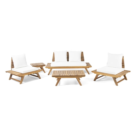 GDF Studio Bowie Outdoor Acacia Wood 4 Seater Chat Set and Side Table, Teak and White