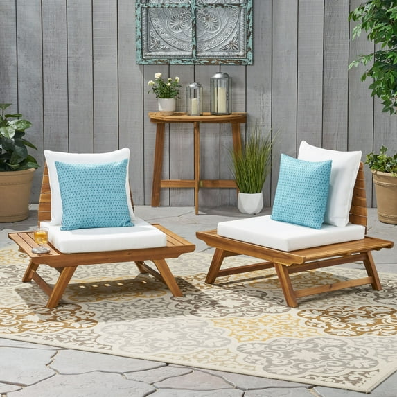 GDF Studio Bowie Outdoor Acacia Wood Club Chairs with Cushions, Set of 2, White and Teak