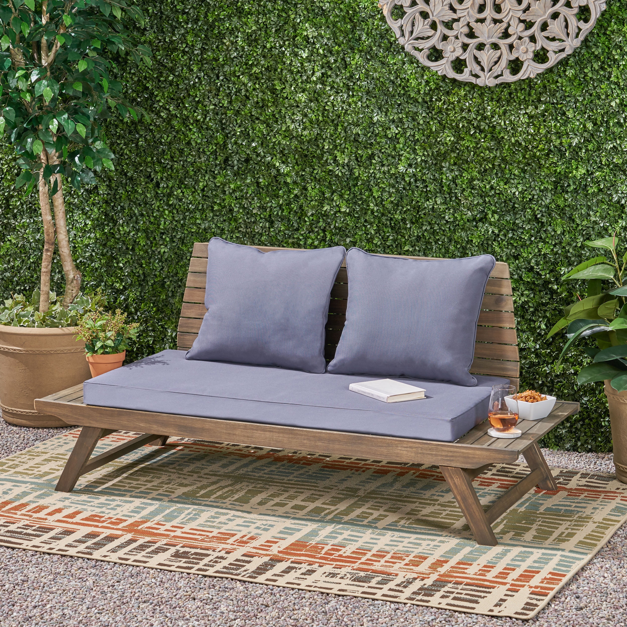 GDF Studio Bowie Outdoor Acacia Wood Loveseat with Cushions, Dark Gray