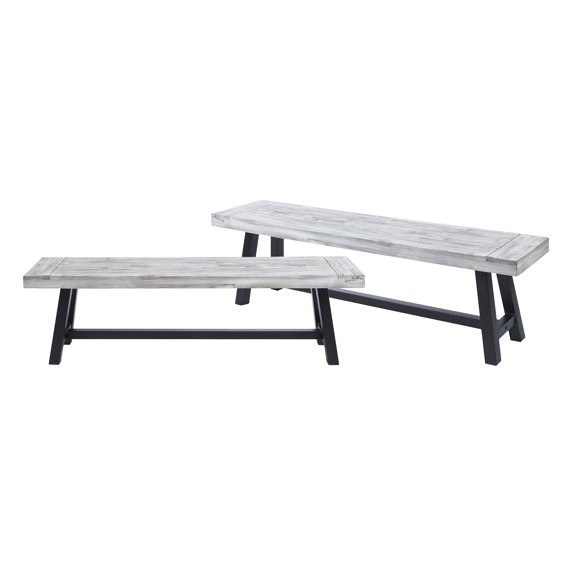 GDF Studio Bowman Outdoor Acacia Wood Benches, Set of 2, Sandblasted Light Gray and Black
