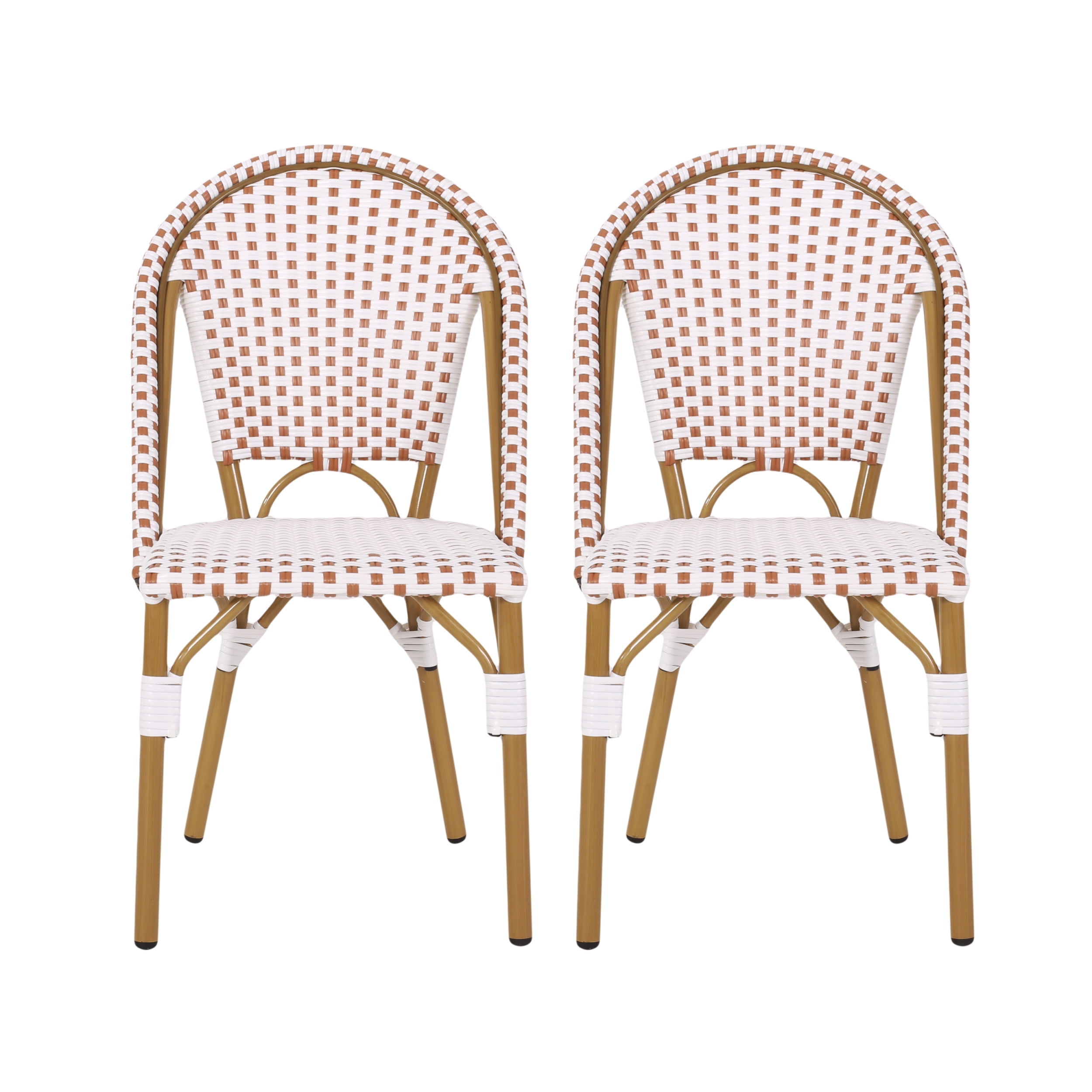 Rust Orange and White Bamboo Print Armless Outdoor Bistro Chairs, Set of 2