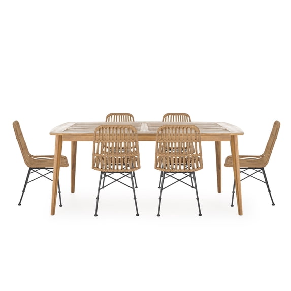 GDF Studio Braymer Outdoor Wicker and Acacia Wood 7 Piece Dining Set, Teak, Light Brown, and Black