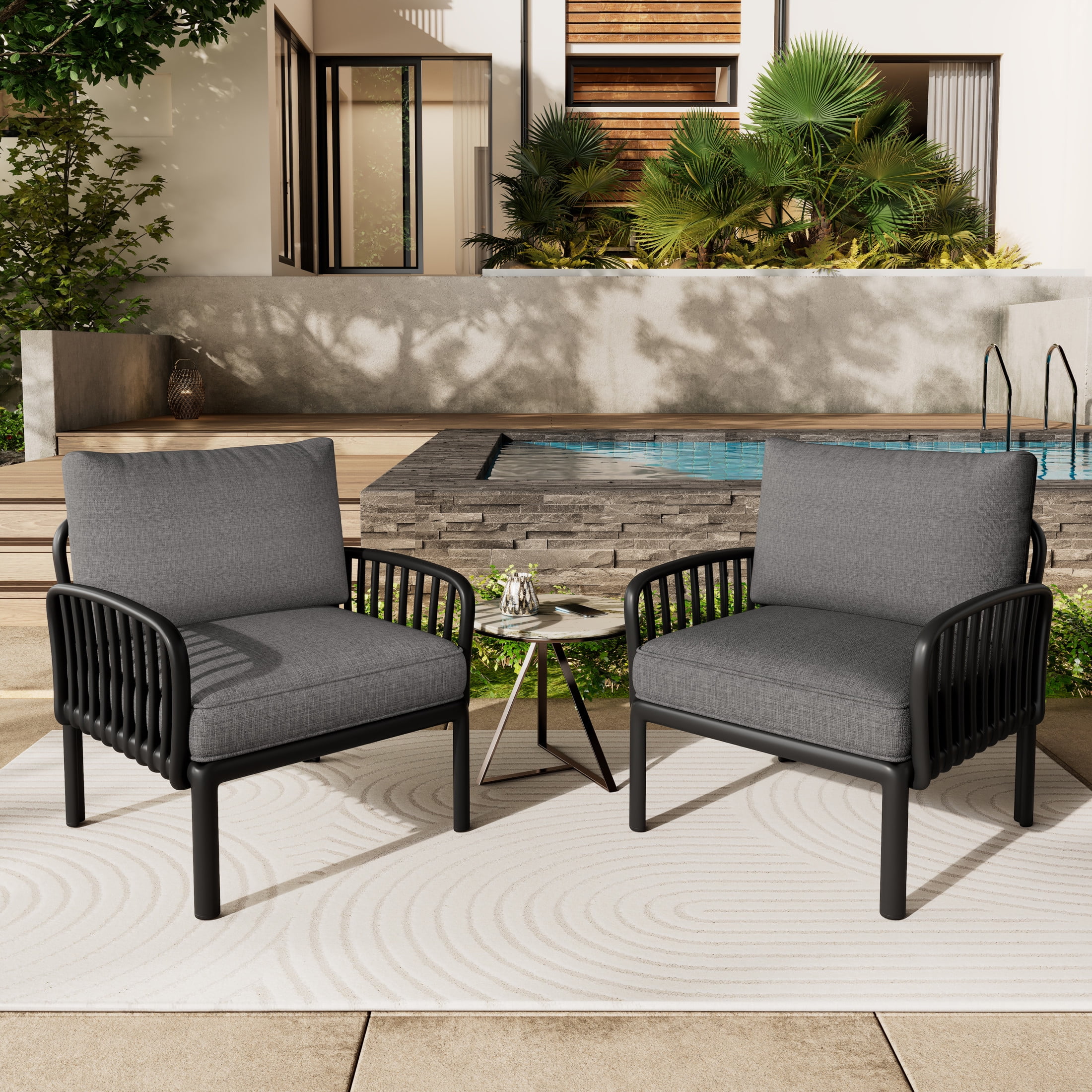 Black and Dark Gray Polypropylene Outdoor Club Chairs with Cushions, Set of 2
