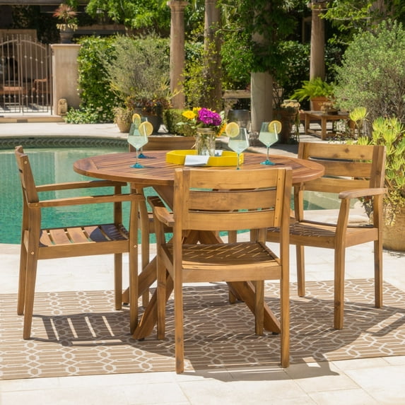 GDF Studio Brigitte Outdoor Acacia Wood 5 Piece Dining Set, Teak