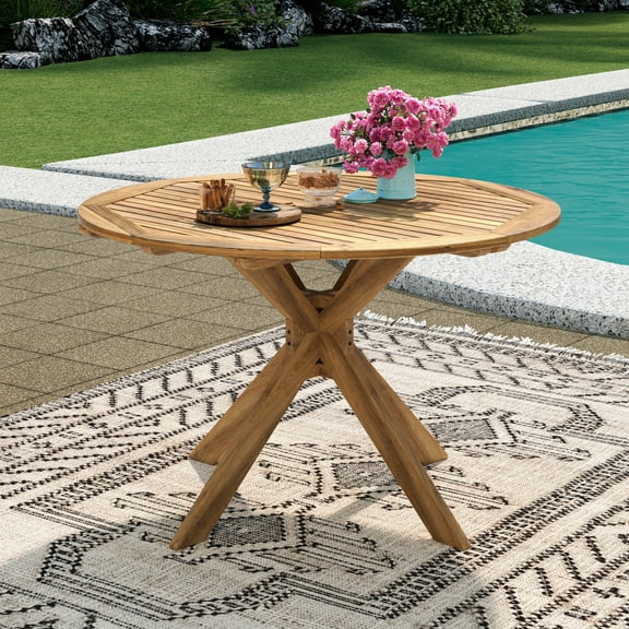 GDF Studio Brigitte Outdoor Round Acacia Wood Dining Table, Teak