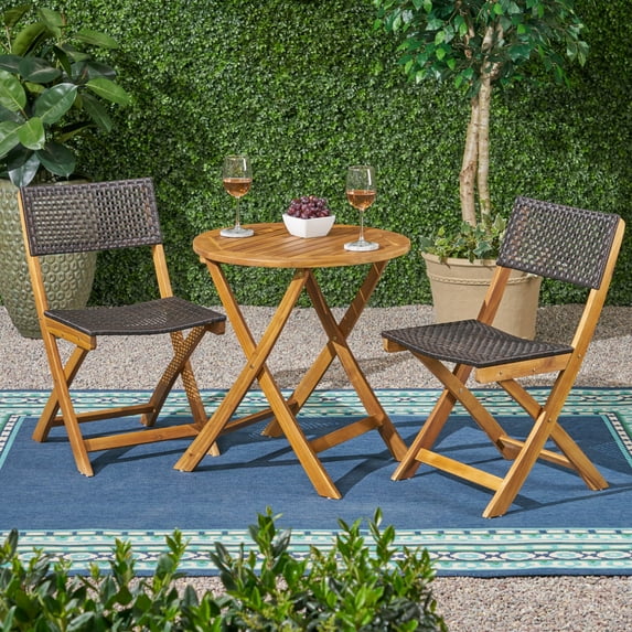 GDF Studio Brooke Outdoor Acacia Wood and Wicker 3 Piece Folding Bistro Set, Teak and Brown