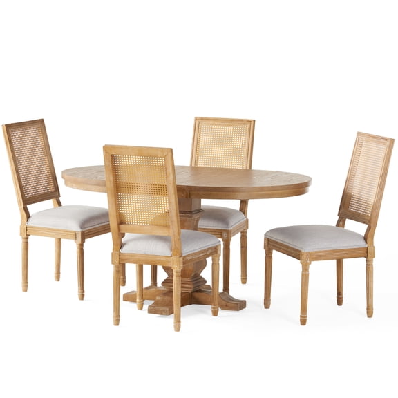 GDF Studio Brownell French Country Fabric Upholstered Wood and Cane 5 Piece Expandable Oval Dining Set, Light Gray and Natural