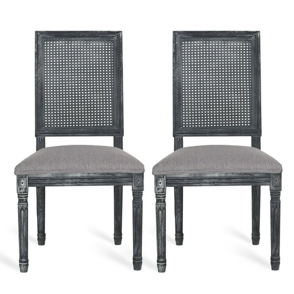 GDF Studio Brownell French Country Fabric Upholstered Wood and Cane Upholstered Dining Chairs, Set of 2, Gray