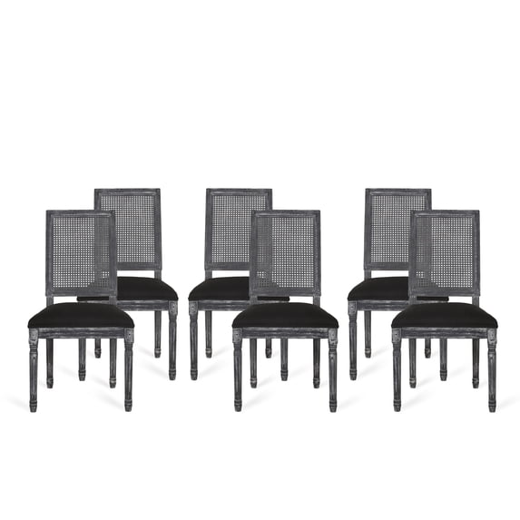GDF Studio Brownell French Country Wood and Cane Upholstered Dining Chairs, Set of 6, Black and Gray